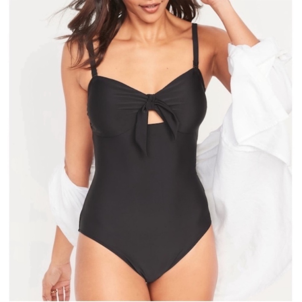 Old Navy Tie Front Keyhole Bandeau Style One Piece Swimsuit in Black